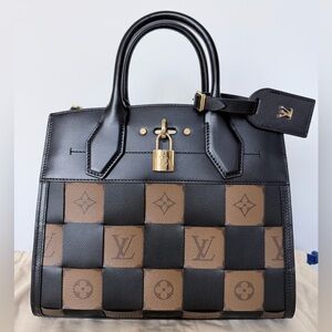 Louis Vuitton City Steamer PM Handbag Black Calfskin Reverse Monogram